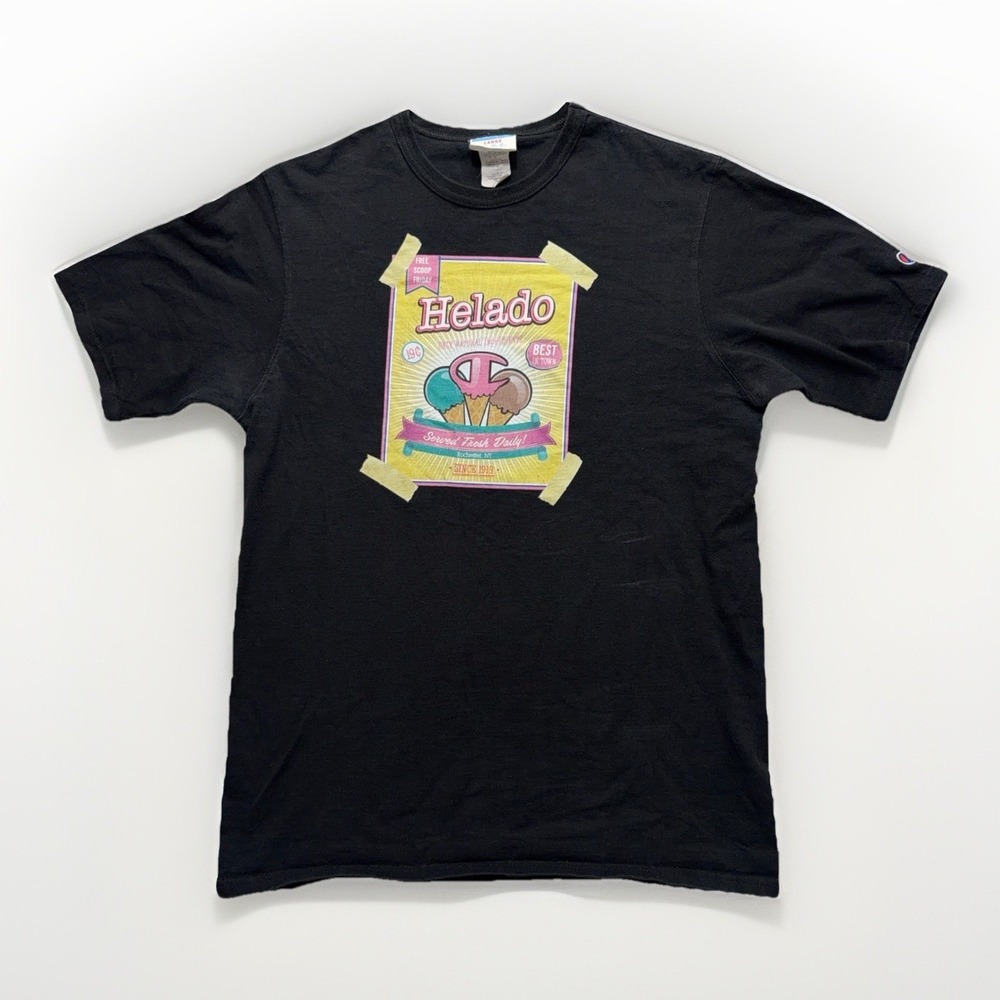 Vintage Champion Helado Ice Cream Graphic T Shirt Mens L Black Rochester NY Tee